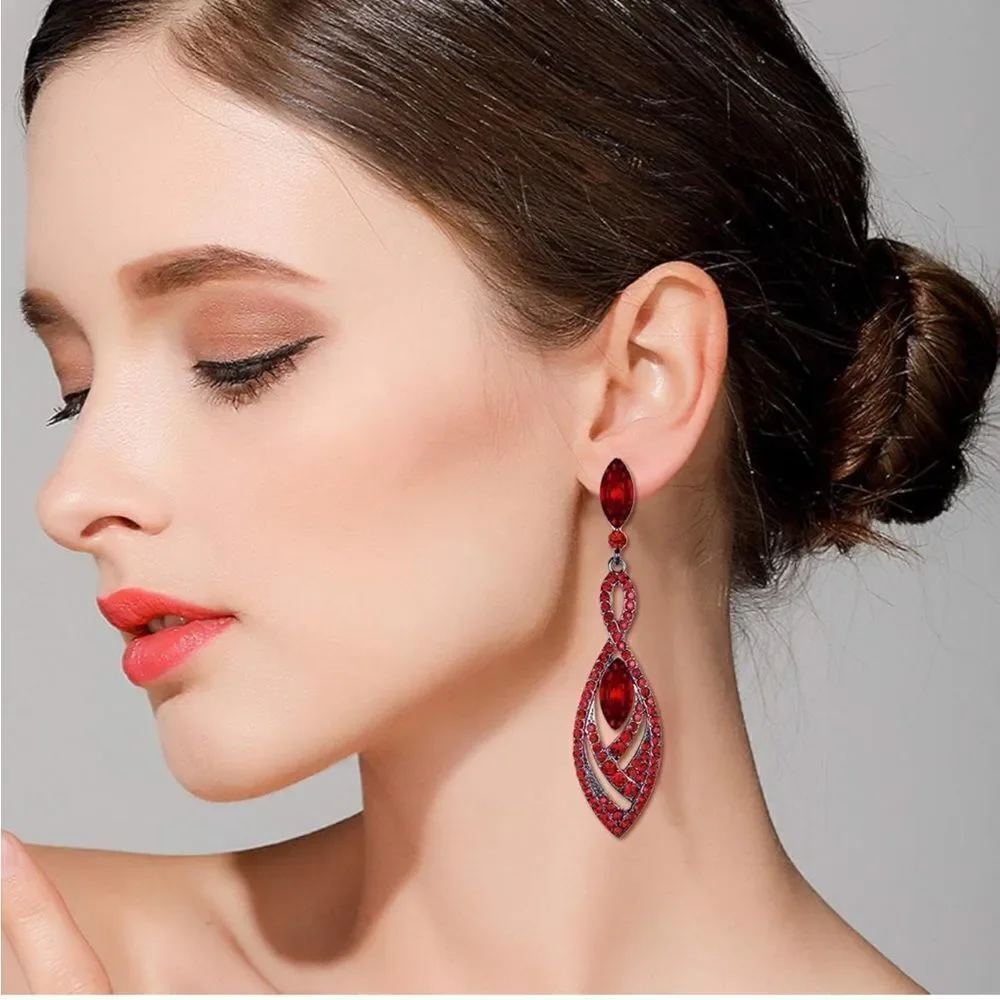 Gun Metal Black with Ruby Red Austrian Crystal Twisted Chandelier Post Earrings